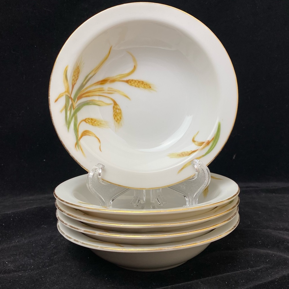 Vintage Set of 5 Puritan China Wheat Pattern Rimmed Dessert/Fruit Bowl with Gold
